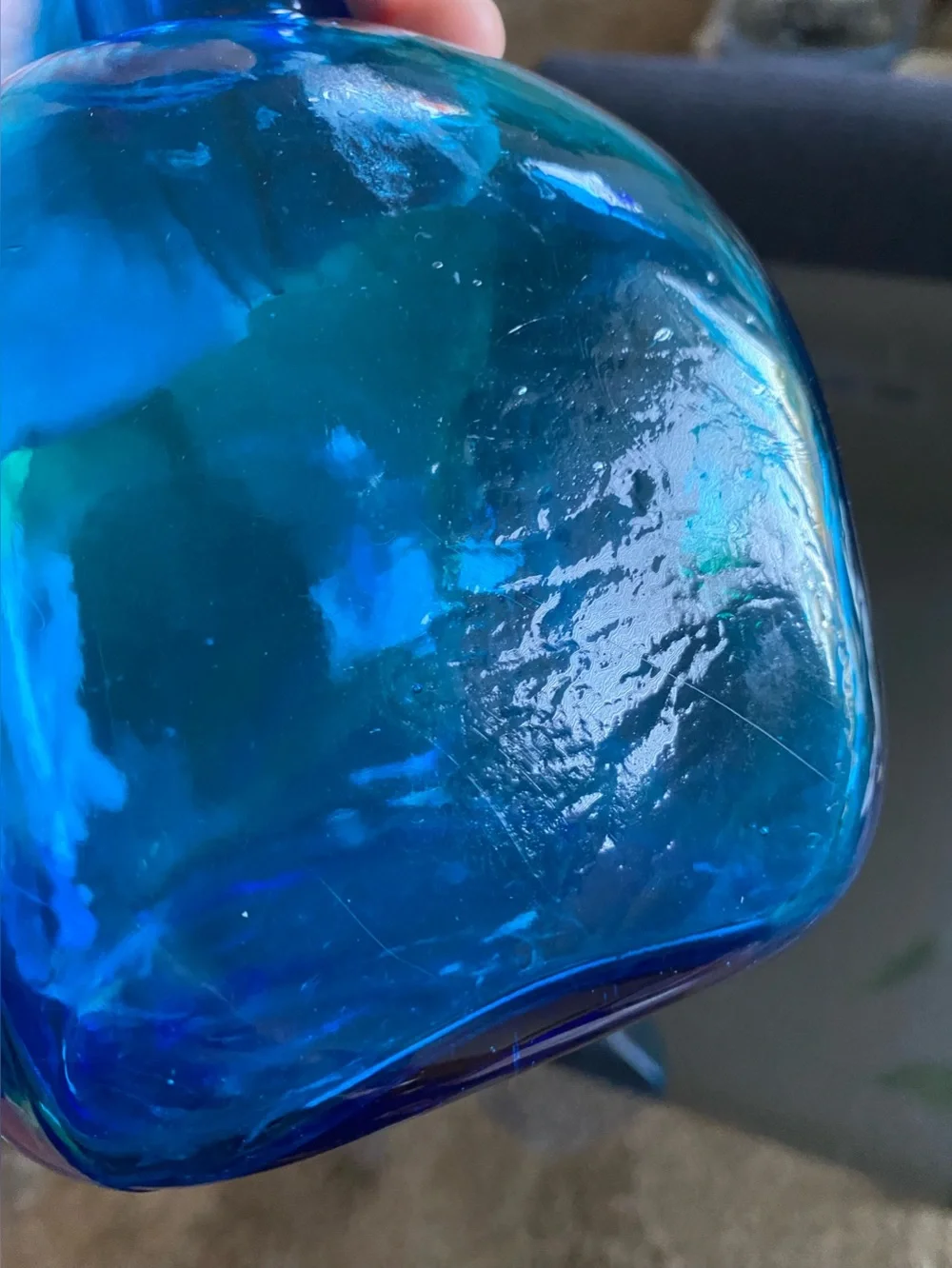 VTG Squared Blue Handblown Glass Vase Flared Rim Marked 1 Liter Italy Empoli? 8”